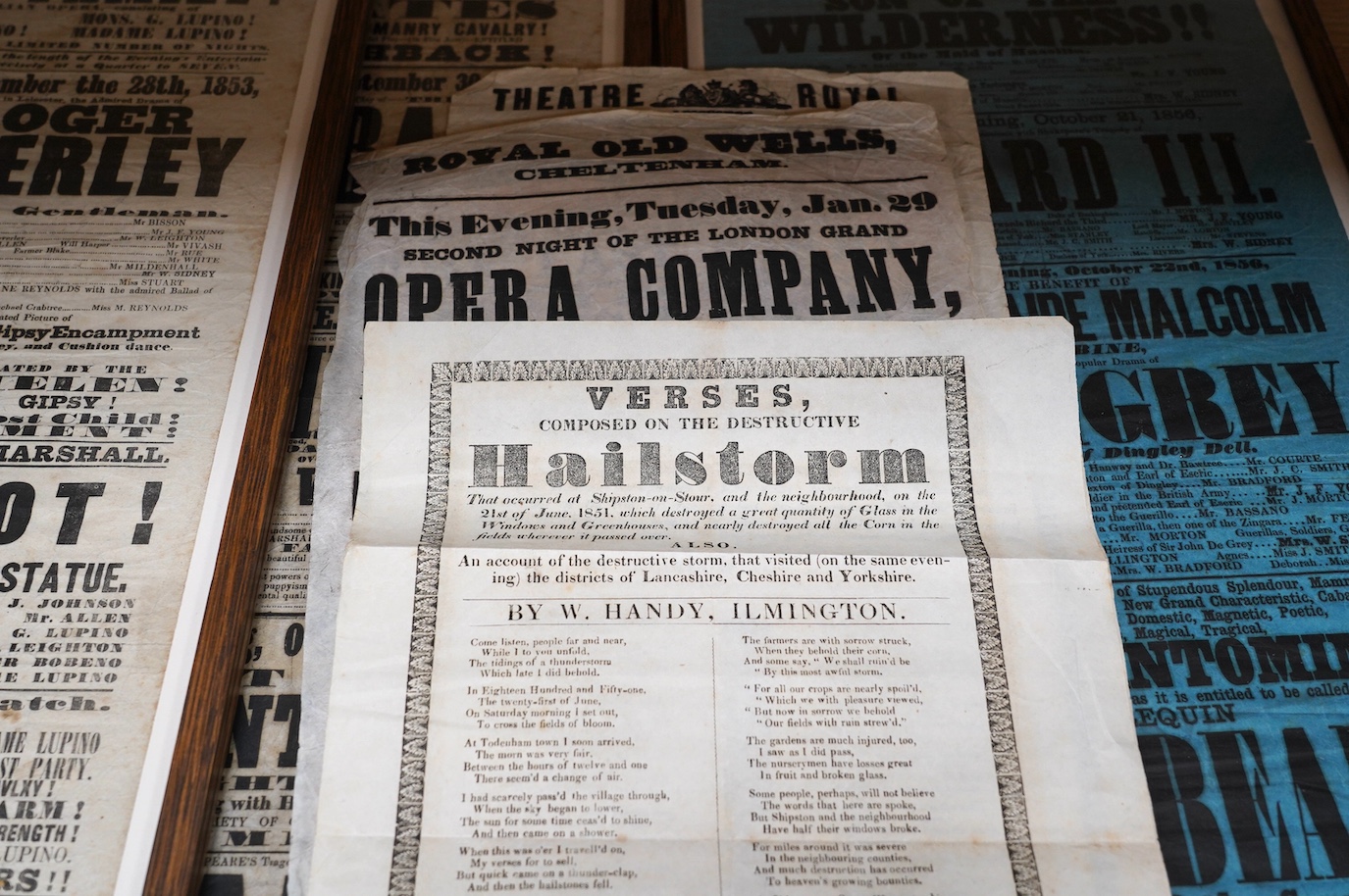 Four framed 19th century theatre bills and four unframed. Condition